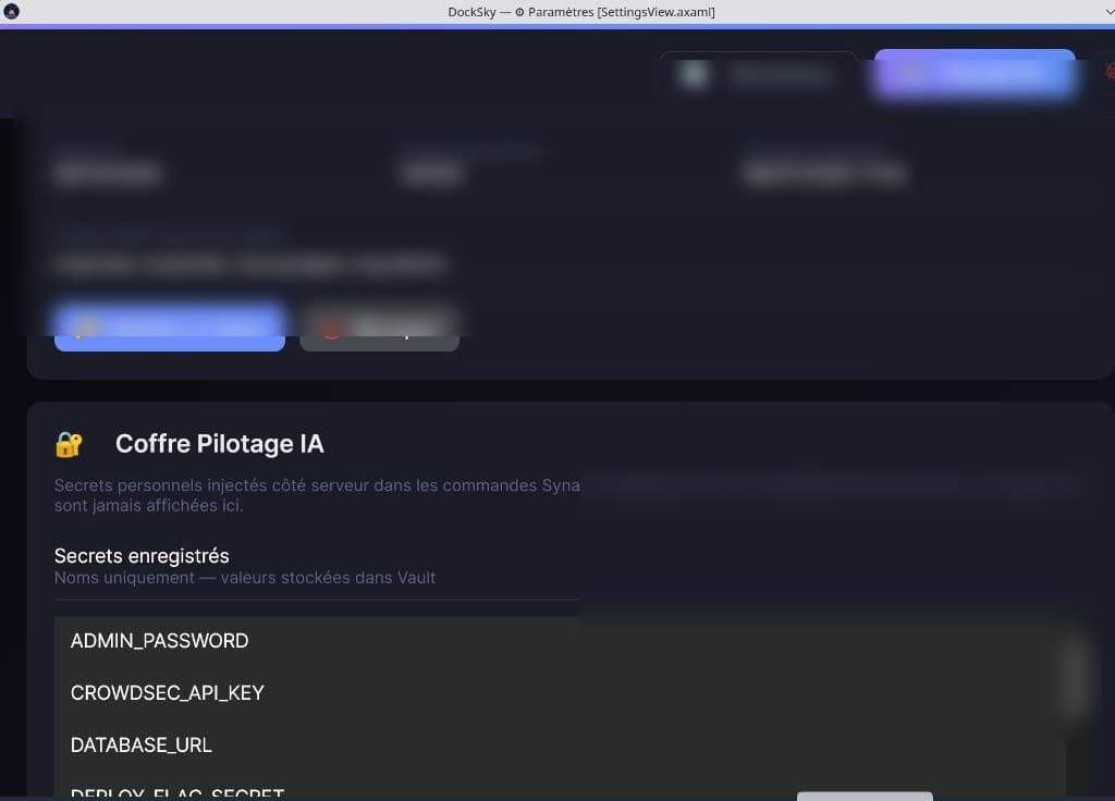 Paramètres DockSky — accès IA, token MCP et coffre Pilotage IA