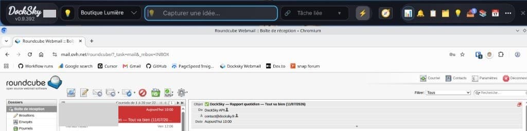 Bandeau DockSky ancré au bureau : capture rapide, projet actif, timer et vues