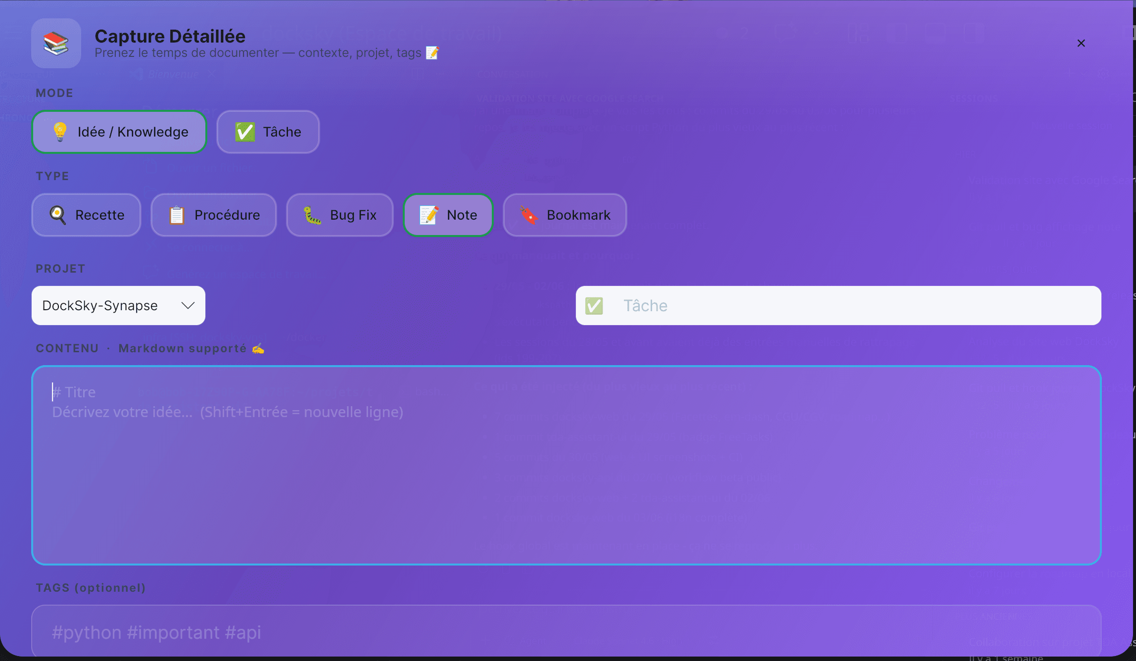 Capture détaillée DockSky: mode idée ou tâche, type, projet, contenu Markdown et tags