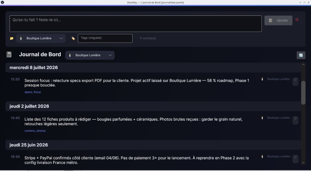 Journal de bord DockSky filtré sur Boutique Lumière : entrées juin-juillet, tags client et contenu