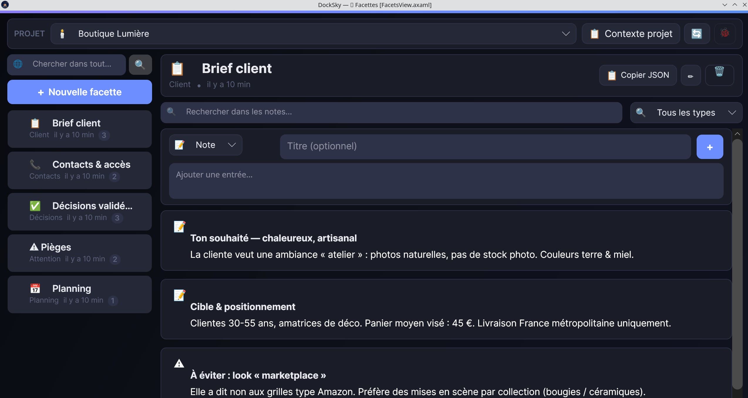 Facettes DockSky — fiches thématiques et export JSON