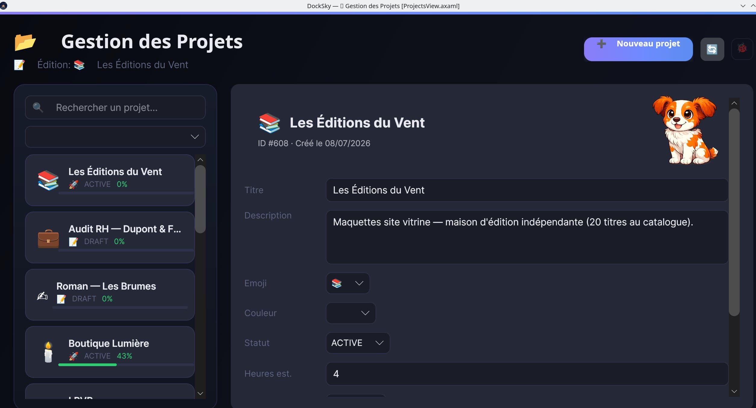 Gestion des projets DockSky — quatre chantiers freelance